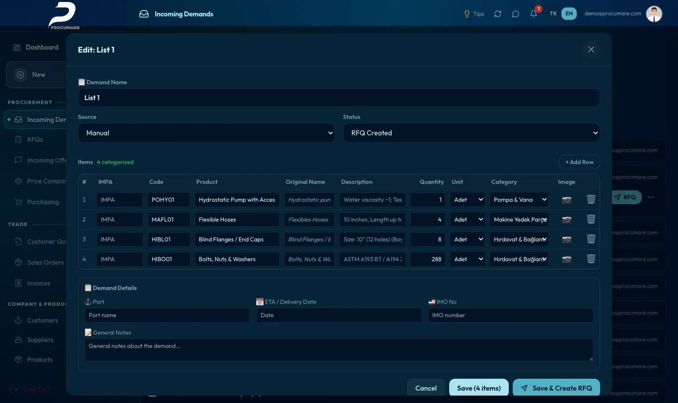 AI Categorization — IMPA codes, categories and unit details completed automatically