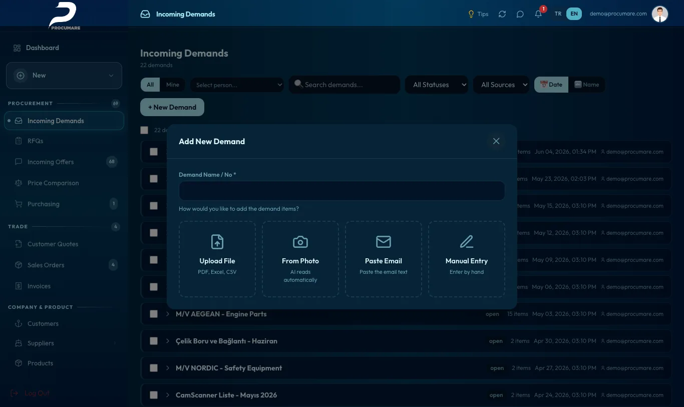 Add New Request — Upload File, From Photo, Paste Email, Manual Entry options