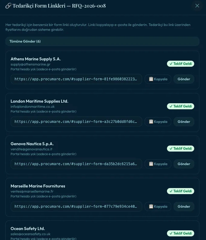 Tedarikçi Form Linkleri